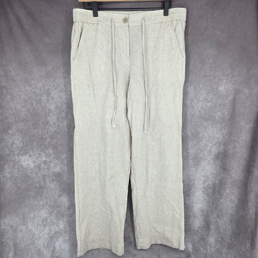Talbots Linen Blend Wide Leg Pants Drawstring Waist Casual Sz 10 Khaki